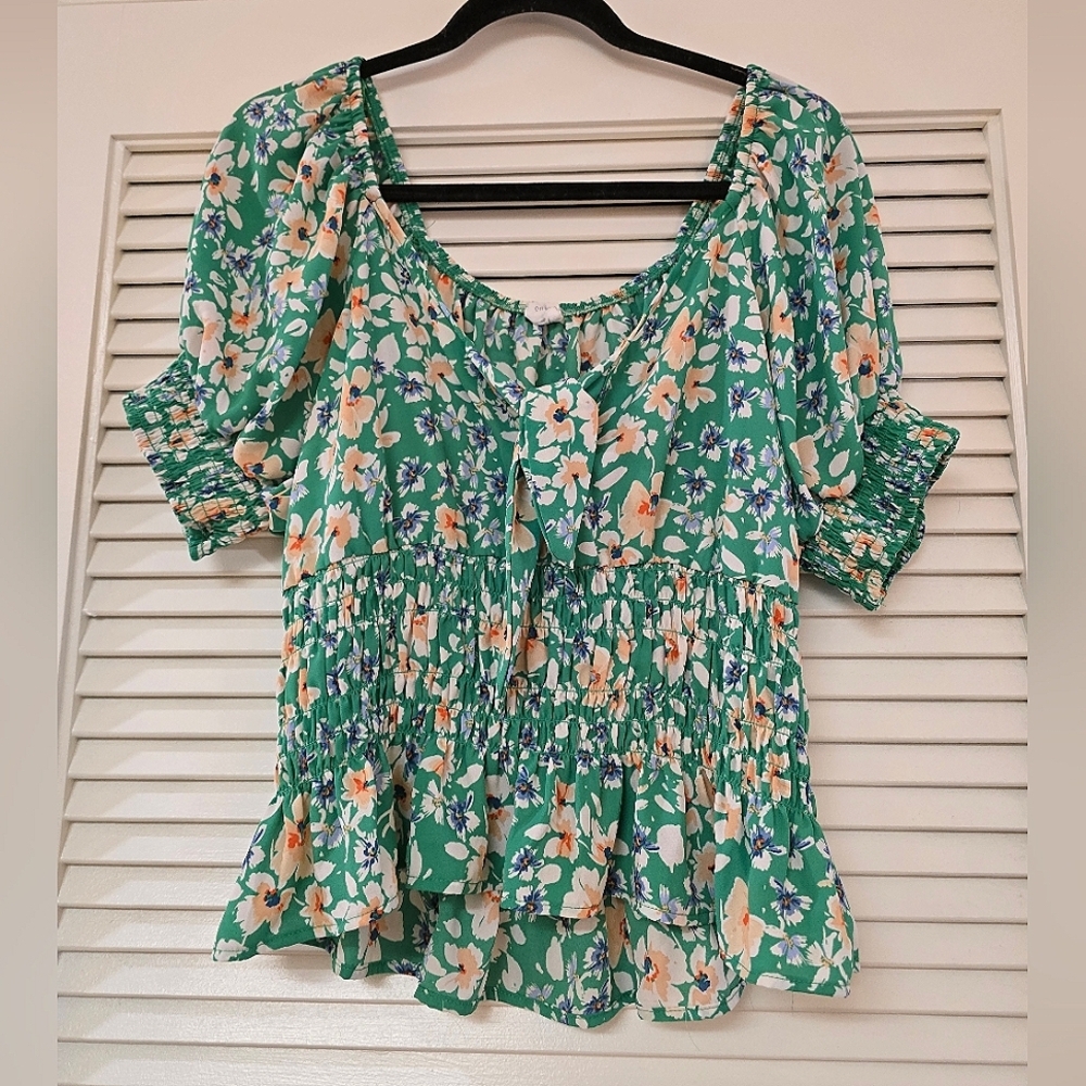 Sienna Sky - Floral Lightweight Smock Peasant Top With Tie Front